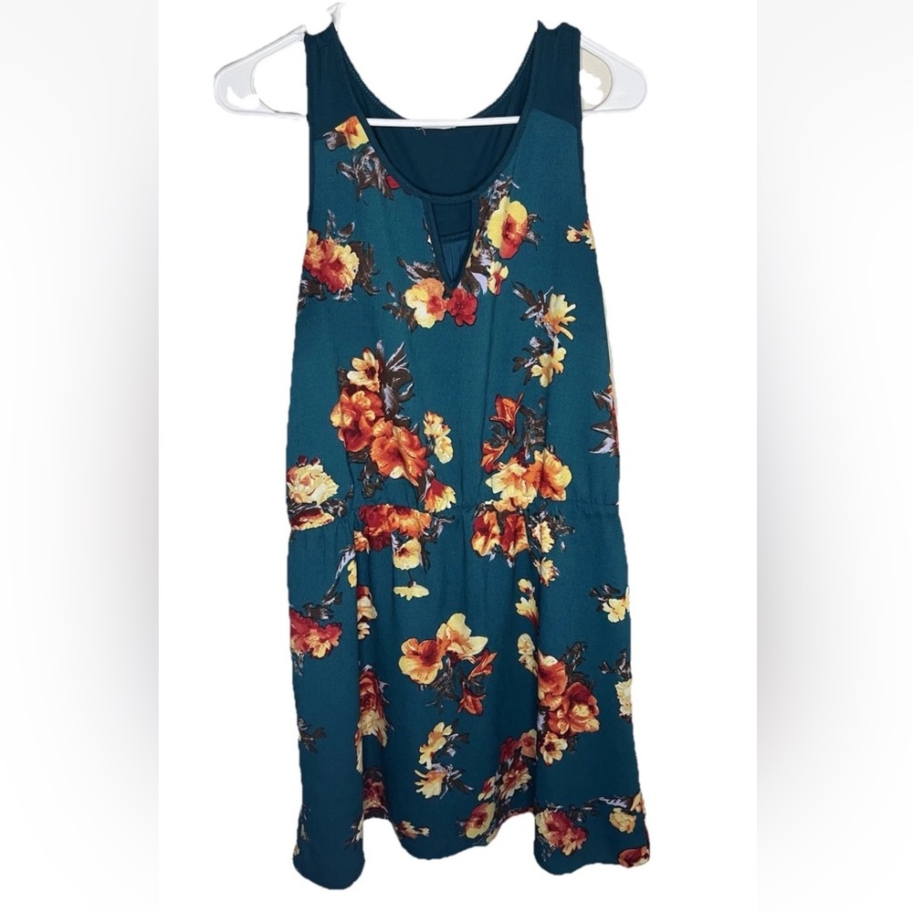 41 Hawthorn Sleeveless Teal Dress Orange Flowers Keyhole Neckline Size L EUC